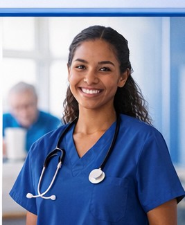Registered Nurse in scrubs with a stethoscope